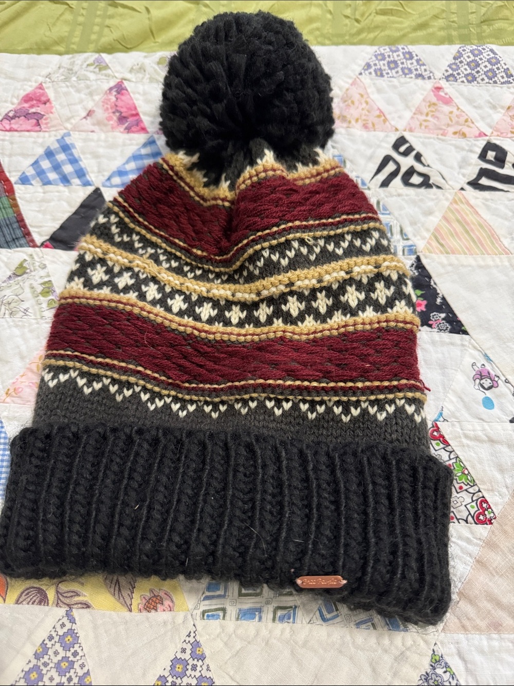 Free People Pom Pom Knit Beanie - Black, Burgundy & Cream